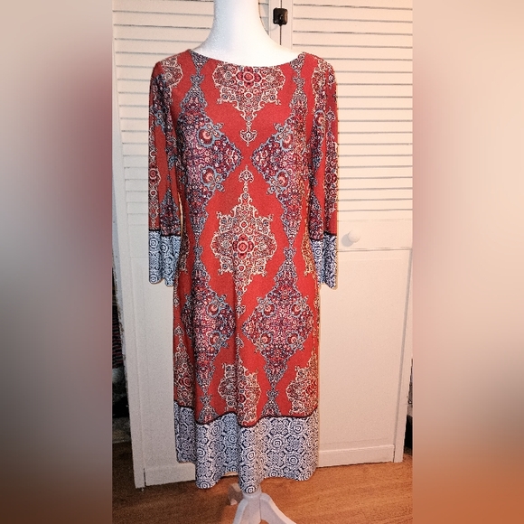 Suite 7 Orange Paisley Long Sleeve Dress Size 8 - Picture 1 of 4